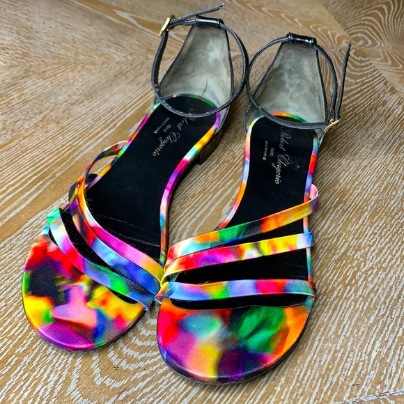 Robert Clergerie Shoes - ROBERT CLERGERIE Black Strappy Flat Multi Watercolor Sandals 8.5